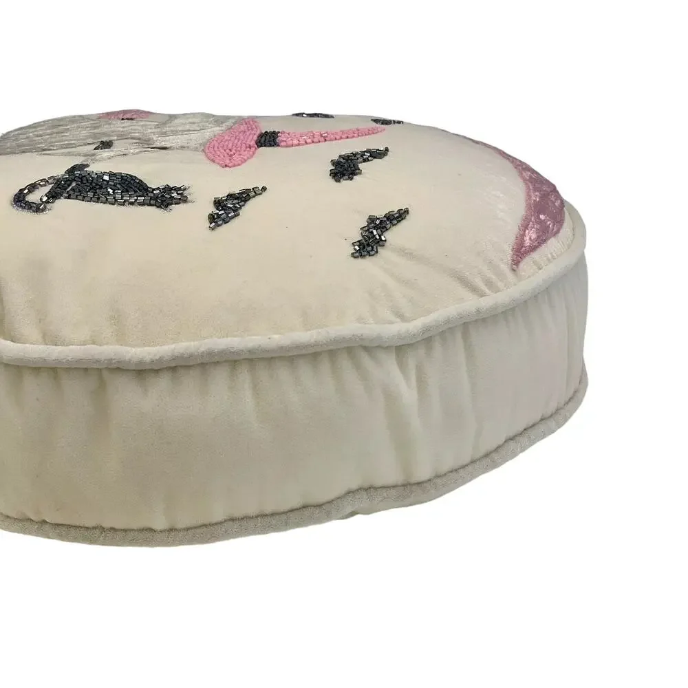 RACHEL ZOE Halloween Flying Witch Pink Moon Round Toss Beaded Pillow 16x6 New